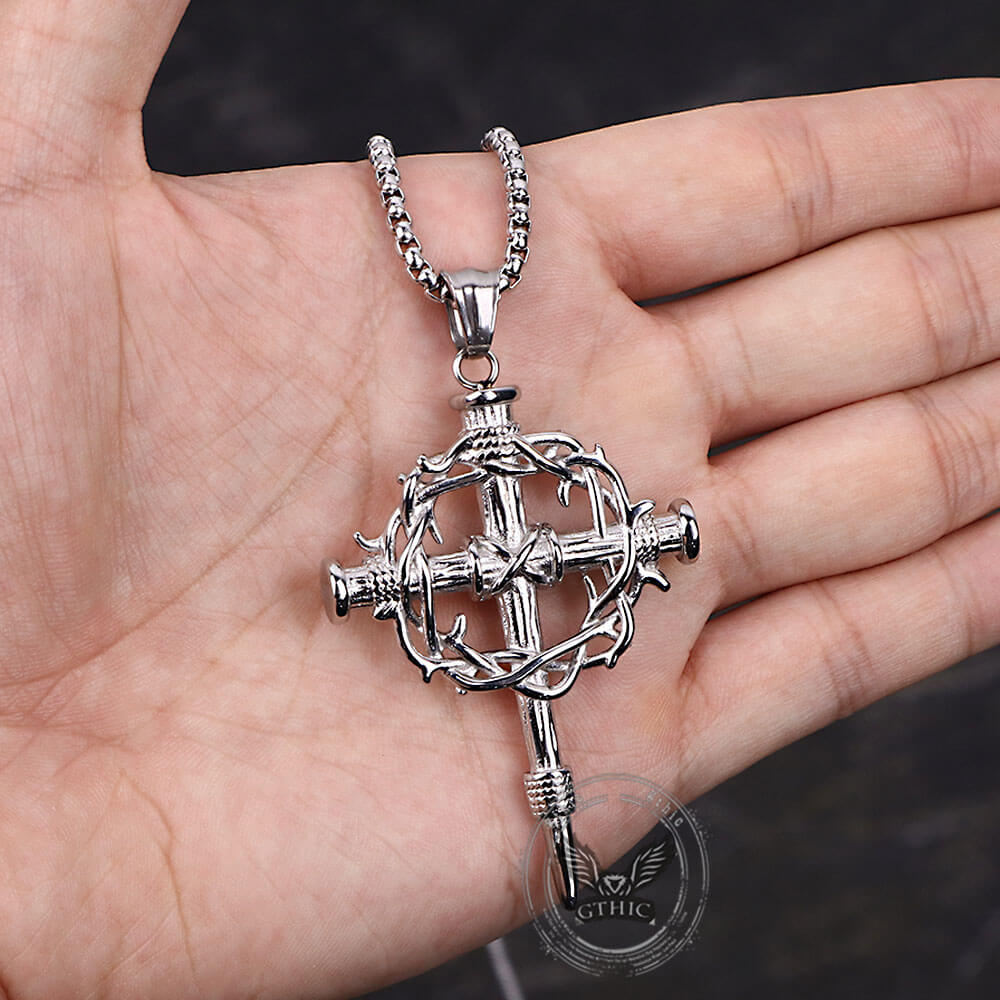 Vintage Thorn Wreath Stainless Steel Cross Pendant | Gthic.com