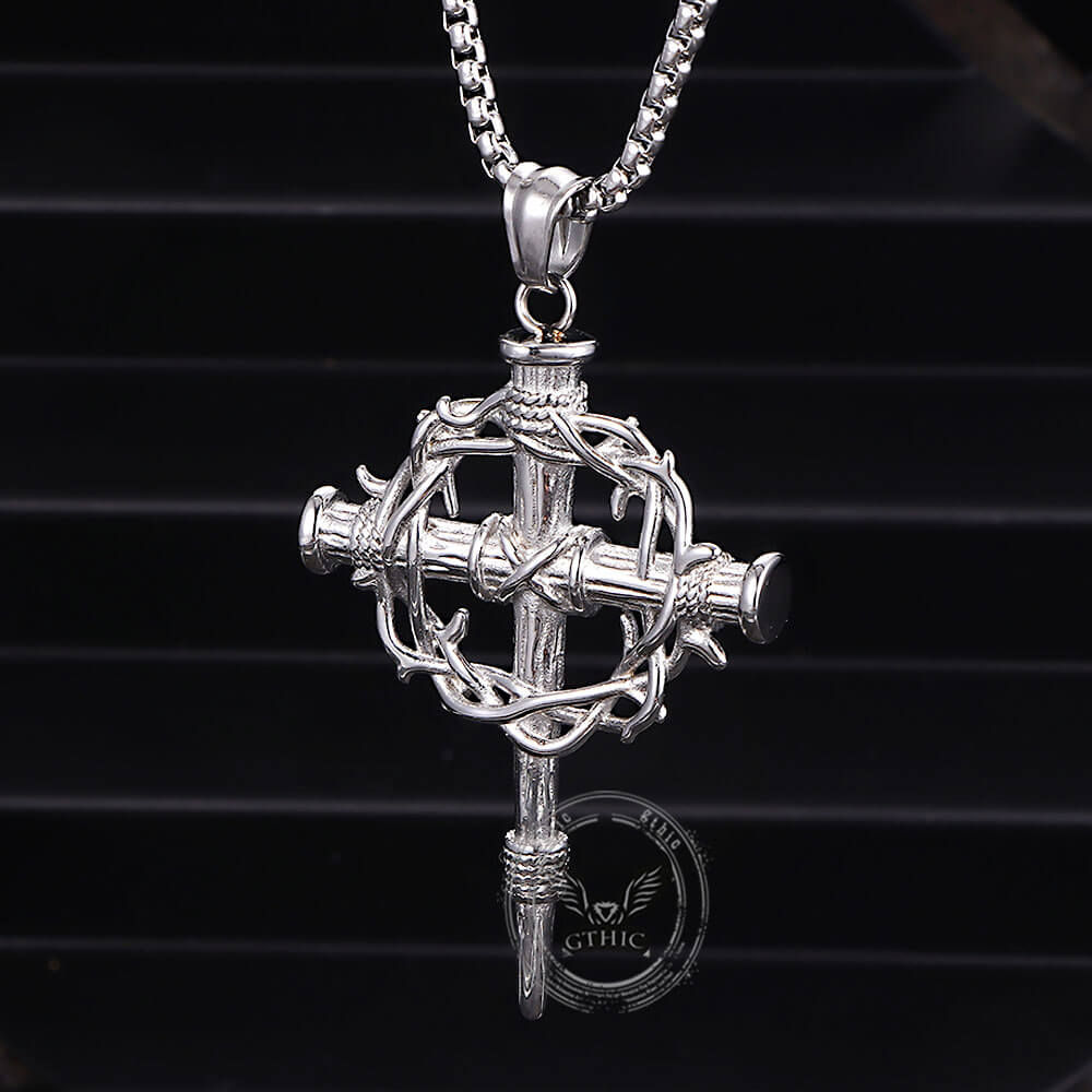 Vintage Thorn Wreath Stainless Steel Cross Pendant