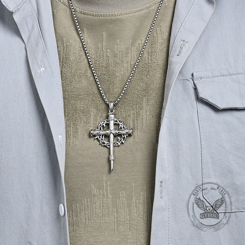 Vintage Thorn Wreath Stainless Steel Cross Pendant | Gthic.com