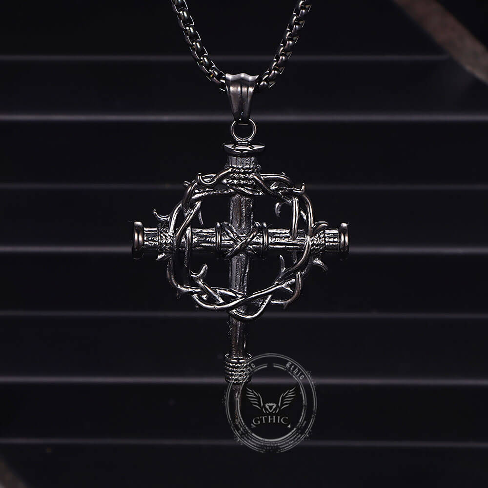 Vintage Thorn Wreath Stainless Steel Cross Pendant