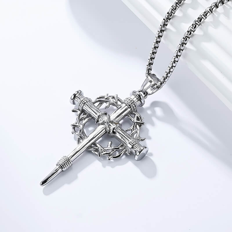 Vintage Thorn Wreath Stainless Steel Cross Pendant | Gthic.com