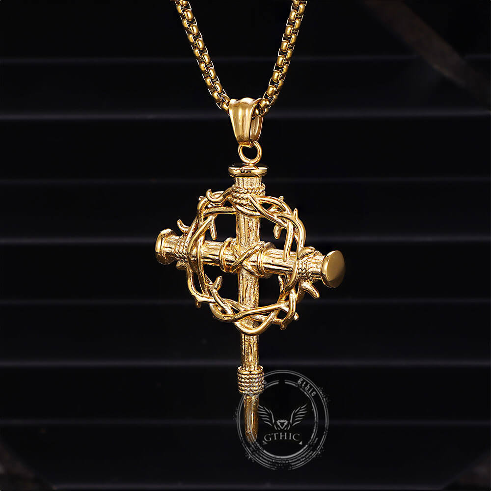 Vintage Thorn Wreath Stainless Steel Cross Pendant