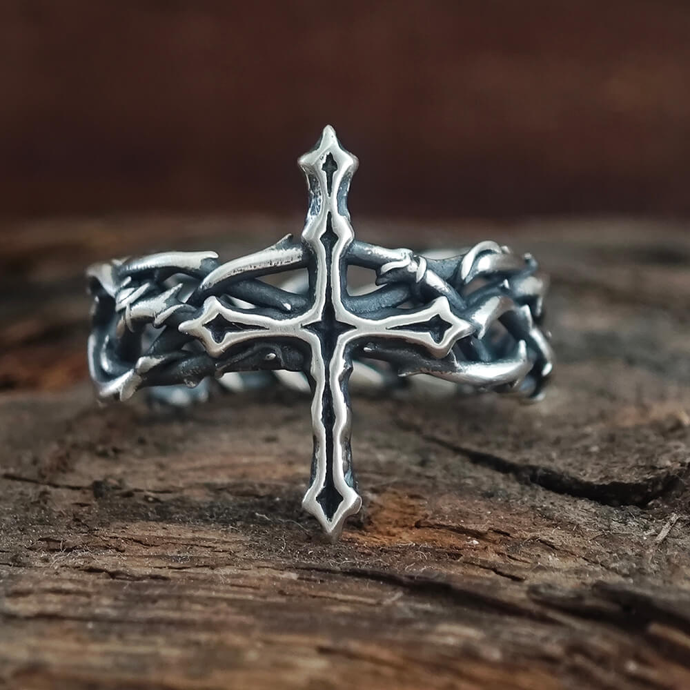 Vintage Thorns Wrapped Cross Sterling Silver Ring | Gthic.com