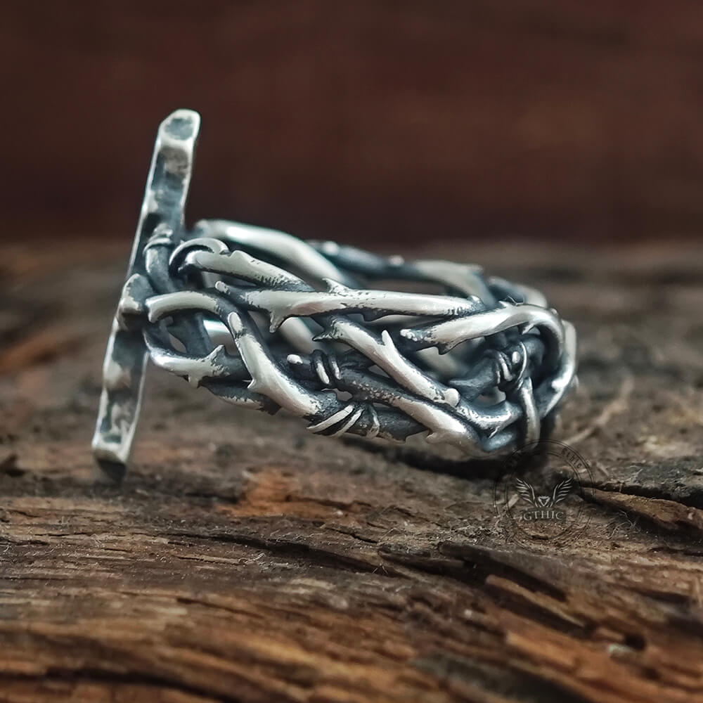 Vintage Thorns Wrapped Cross Sterling Silver Ring