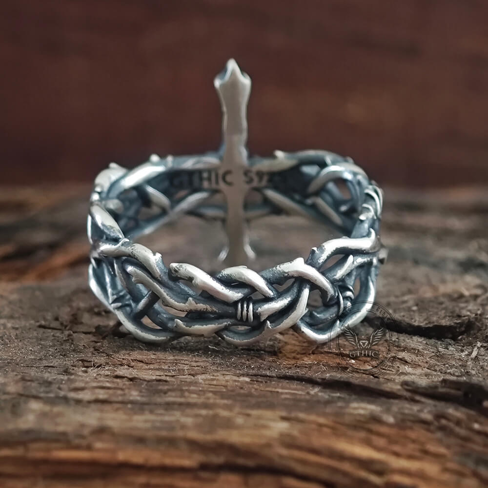 Vintage Thorns Wrapped Cross Sterling Silver Ring