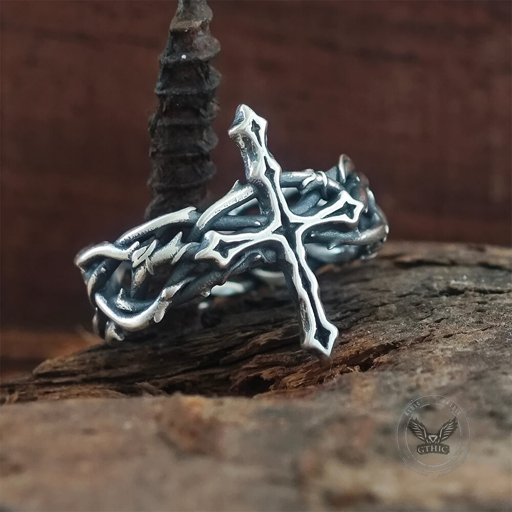 Vintage Thorns Wrapped Cross Sterling Silver Ring
