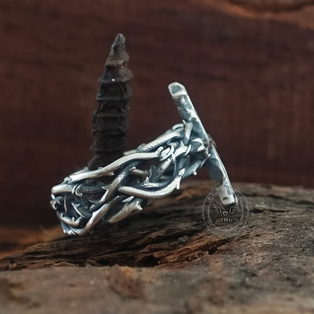 Vintage Thorns Wrapped Cross Sterling Silver Ring
