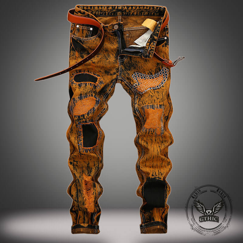 Vintage Tie-Dye Distressed Biker Straight Jeans | Gthic.com