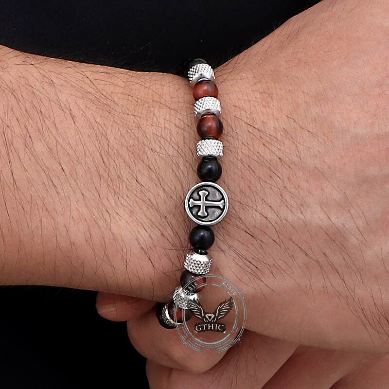 Vintage Tiger Eye Cross Stainless Steel Beaded Bracelet