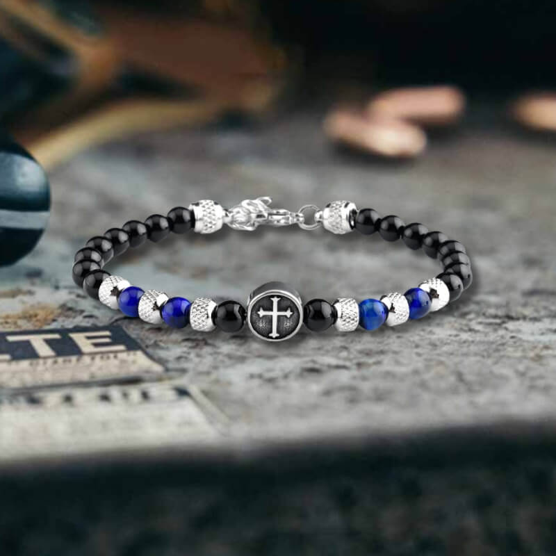 Vintage Tiger Eye Cross Stainless Steel Beaded Bracelet 02 | Gthic.com