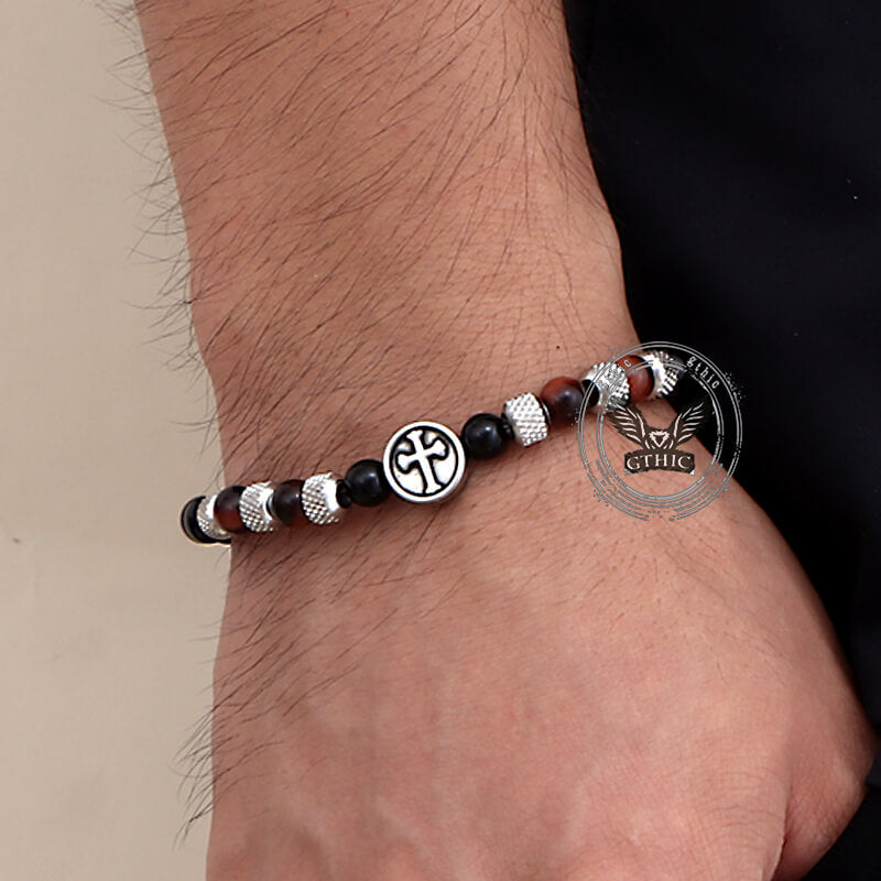 Vintage Tiger Eye Cross Stainless Steel Beaded Bracelet