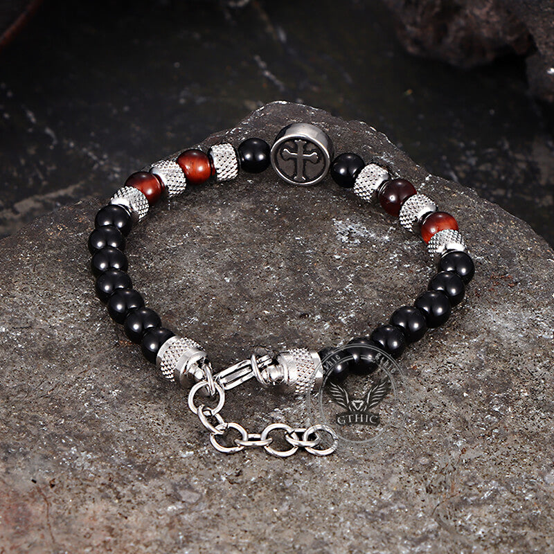 Vintage Tiger Eye Cross Stainless Steel Beaded Bracelet