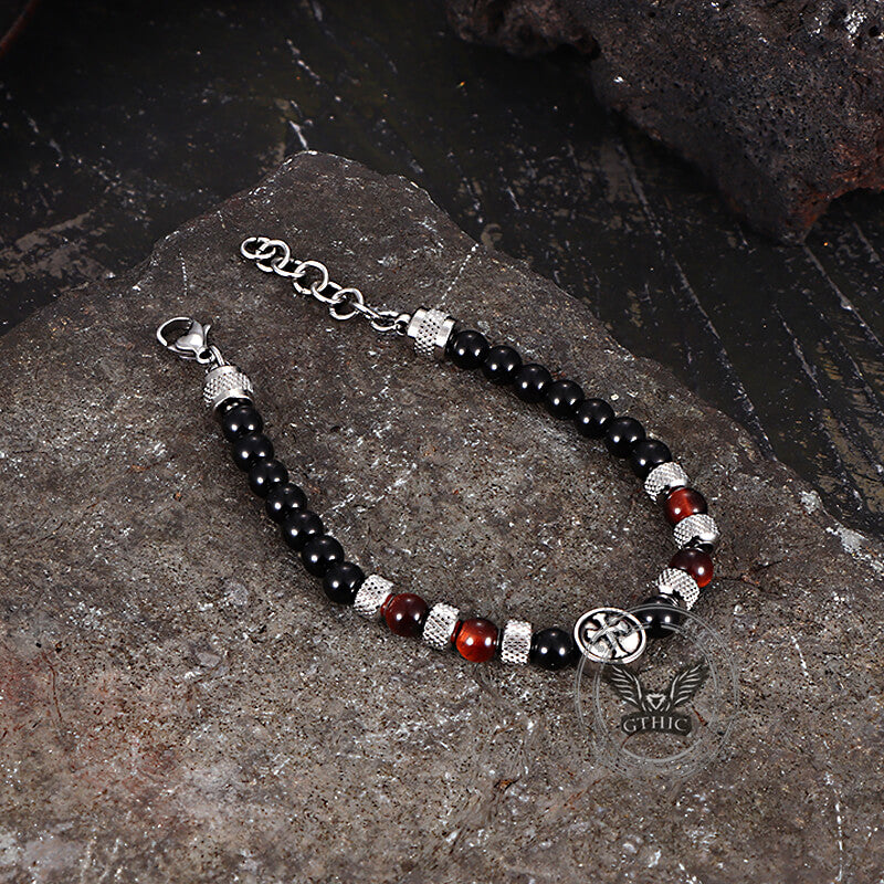 Vintage Tiger Eye Cross Stainless Steel Beaded Bracelet