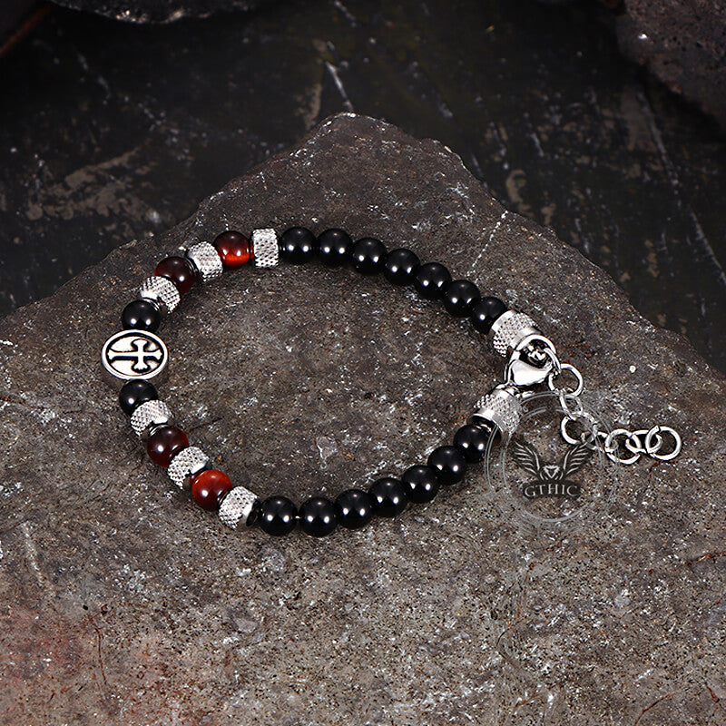 Vintage Tiger Eye Cross Stainless Steel Beaded Bracelet