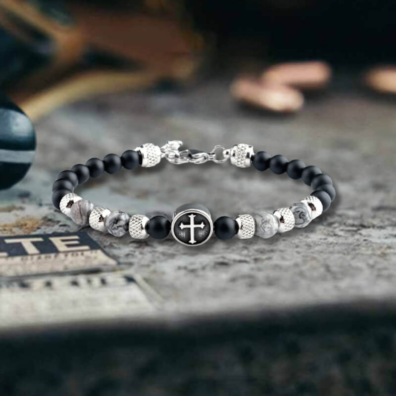 Vintage Tiger Eye Cross Stainless Steel Beaded Bracelet