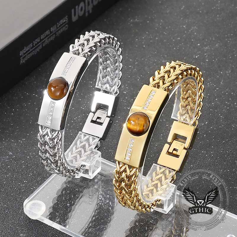 Vintage Tiger Eye Diamond-Set Stainless Steel Bracelet 01 | Gthic.com