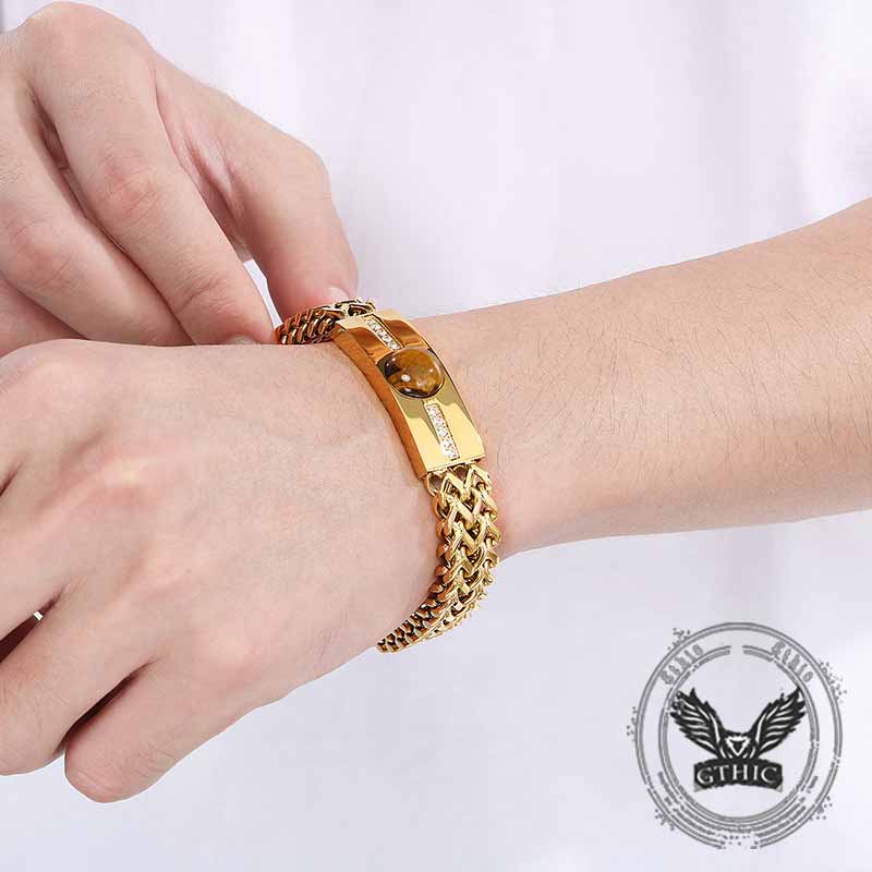 Vintage Tiger Eye Diamond-Set Stainless Steel Bracelet 02 | Gthic.com