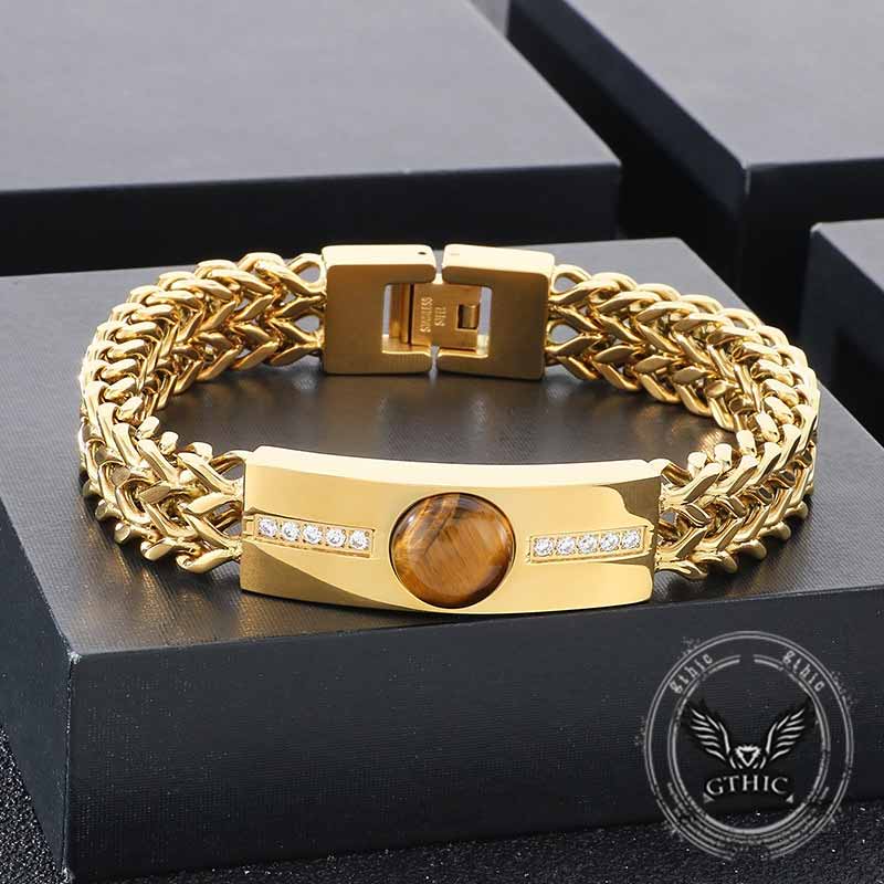 Vintage Tiger Eye Diamond-Set Stainless Steel Bracelet 03 | Gthic.com
