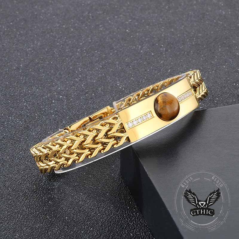 Vintage Tiger Eye Diamond-Set Stainless Steel Bracelet