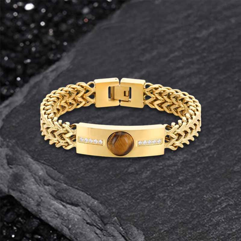 Vintage Tiger Eye Diamond-Set Stainless Steel Bracelet