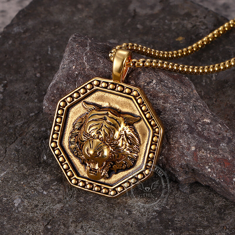 Punk Stainless Steel Pendant Necklace - Snake & Dragon Tiger Design, 22" Chain, Vintage Animal Symbol