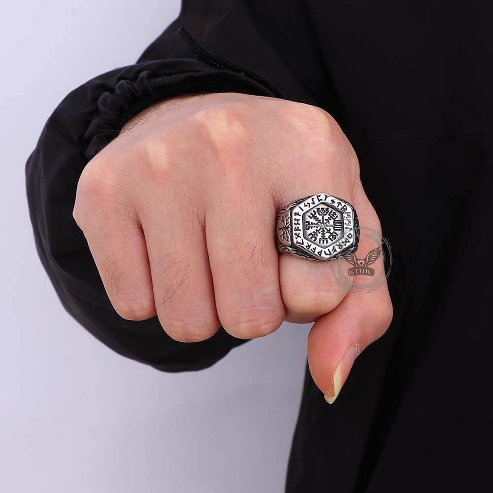 Vintage Tree of Life Vegvisir Rune Stainless Steel Viking Ring