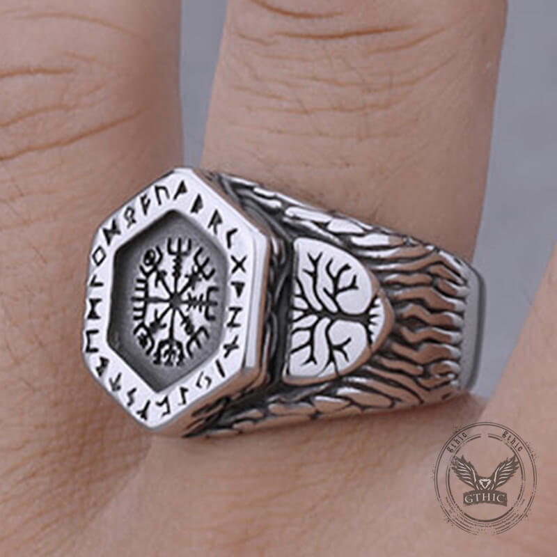 Vintage Tree of Life Vegvisir Rune Stainless Steel Viking Ring