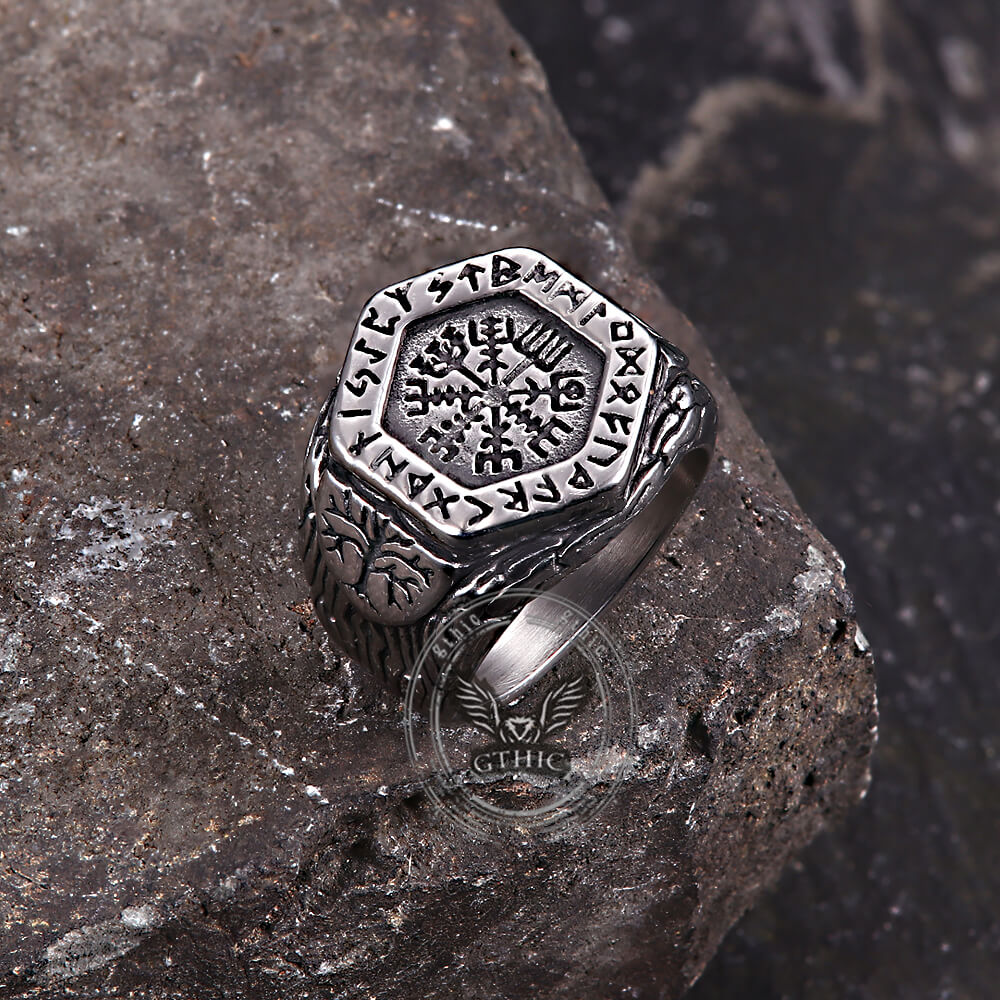 Vintage Tree of Life Vegvisir Rune Stainless Steel Viking Ring