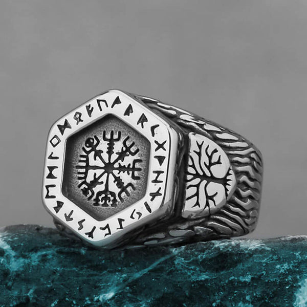 Vintage Tree of Life Vegvisir Rune Stainless Steel Viking Ring | Gthic.com