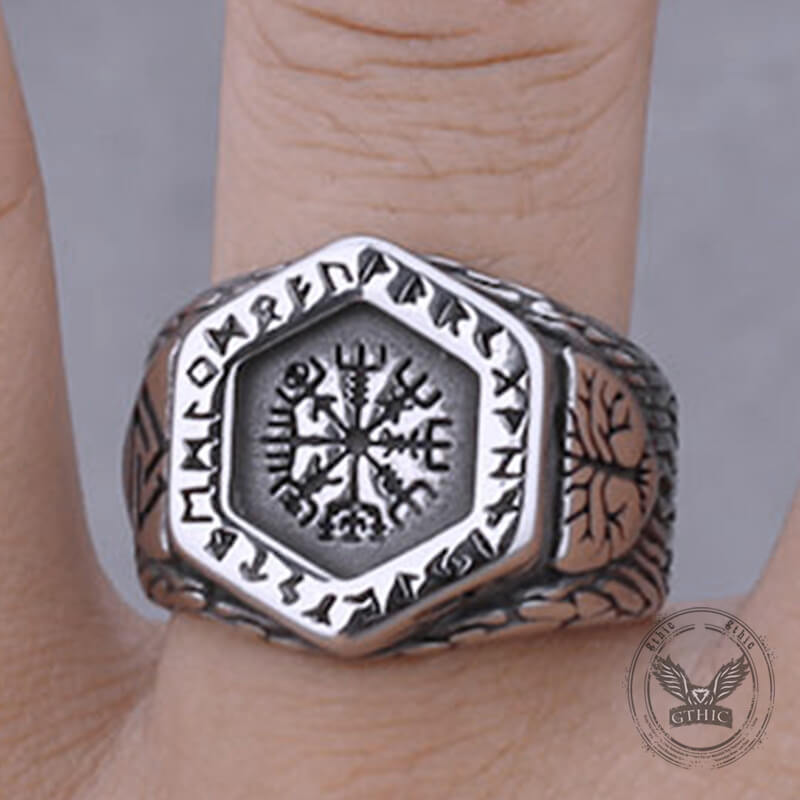 Vintage Tree of Life Vegvisir Rune Stainless Steel Viking Ring