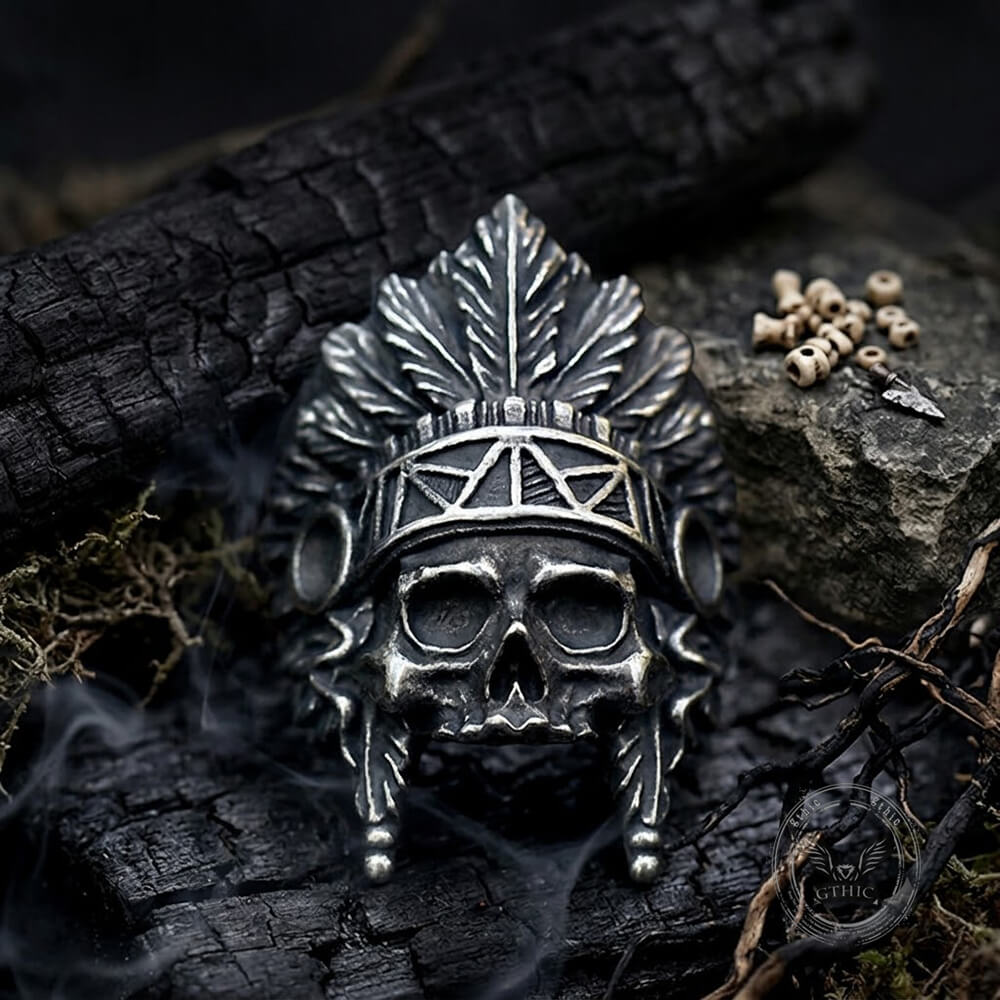 Vintage Tribal Chief Stainless Steel Skull Ring | Gthic.com