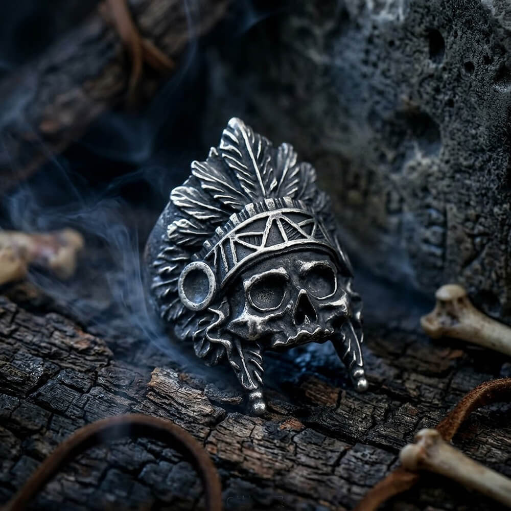 Vintage Tribal Chief Stainless Steel Skull Ring | Gthic.com