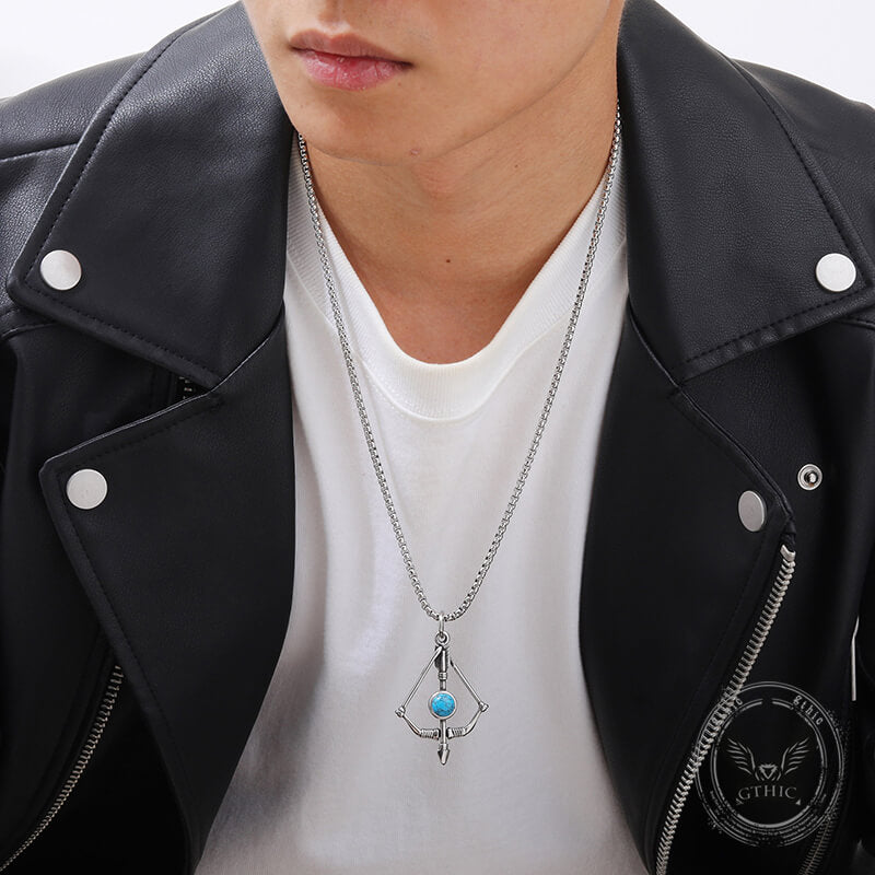 Vintage Turquoise Bow And Arrow Stainless Steel Necklace | Gthic.com