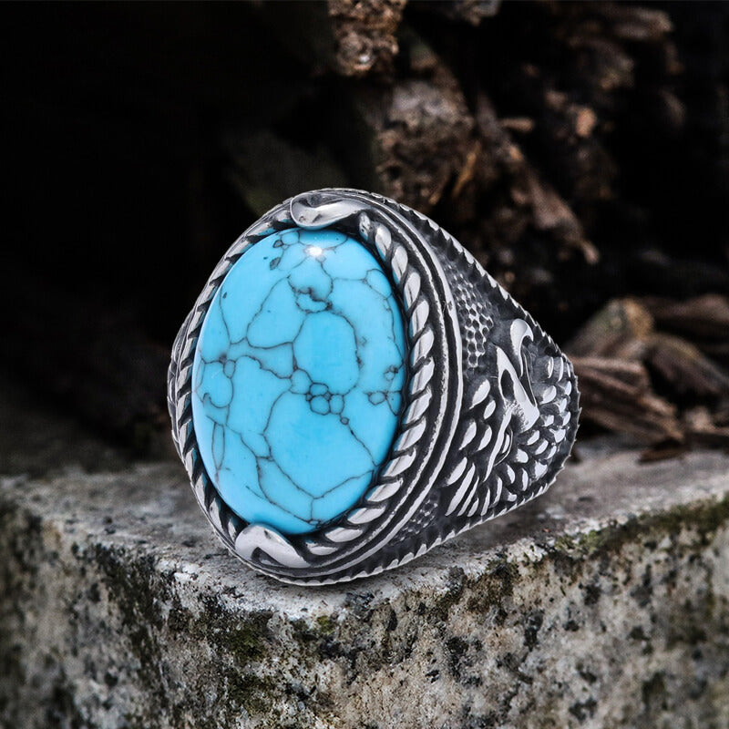 Vintage Turquoise Eagle Pattern Stainless Steel Ring 01 | Gthic.com