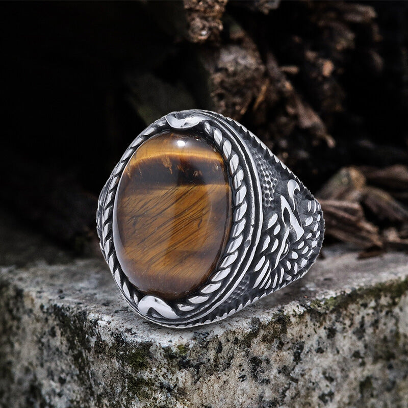 Vintage Turquoise Eagle Pattern Stainless Steel Ring 02 | Gthic.com