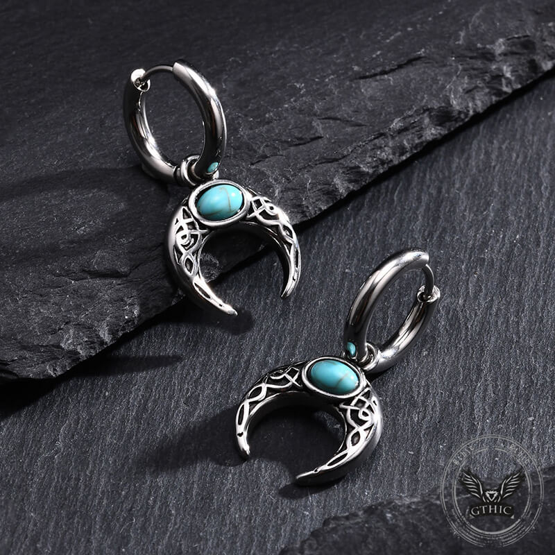 Vintage Turquoise Moon Stainless Steel Hoop Earrings