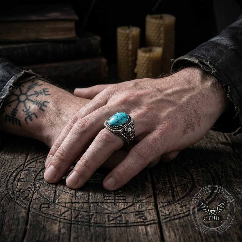 Vintage Turquoise Skull Stainless Steel Biker Ring | Gthic.com