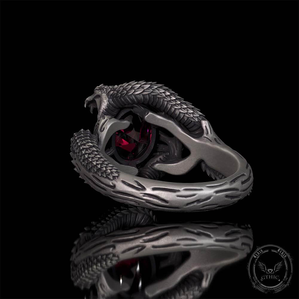 Vintage Two Dragons Playing With Gem Sterling Silver Ring
