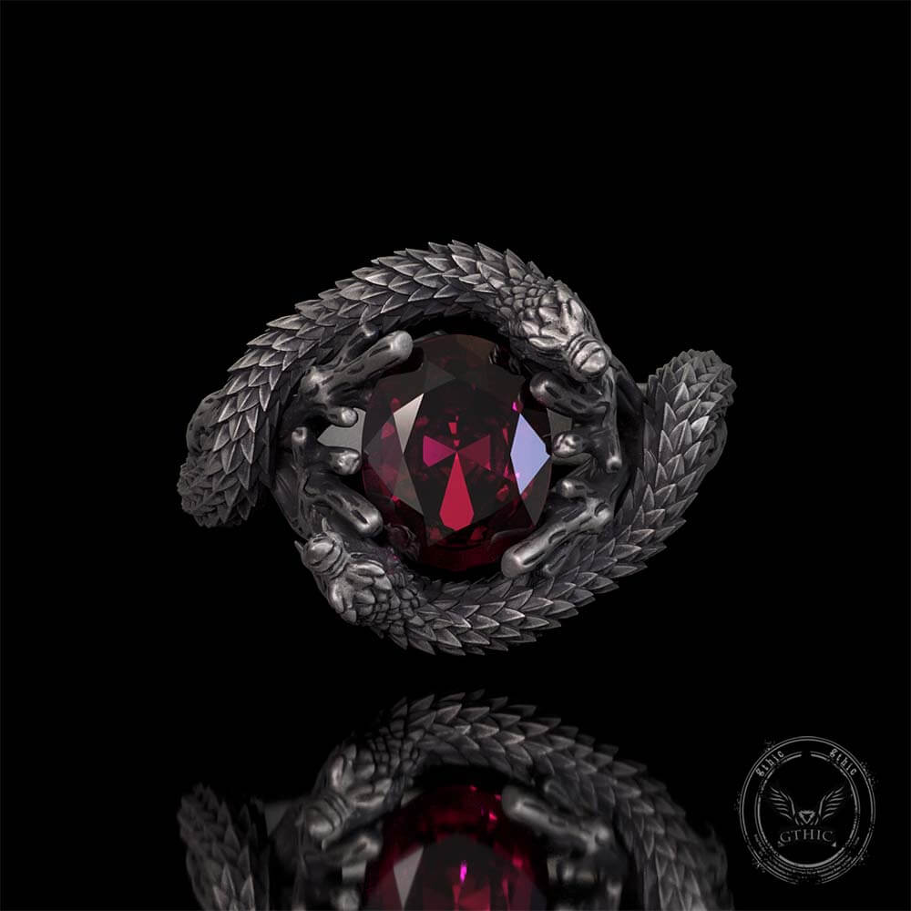 Vintage Two Dragons Playing With Gem Sterling Silver Ring | Gthic.com