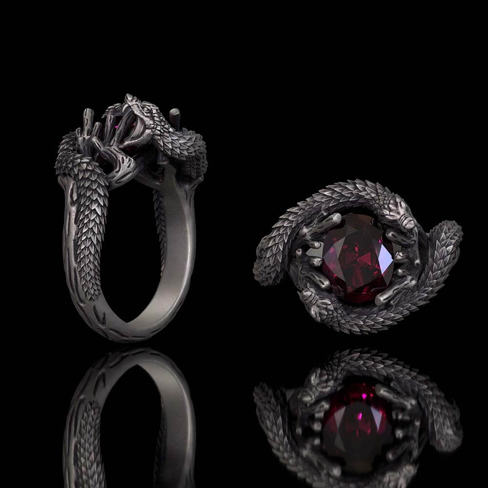 Vintage Two Dragons Playing With Gem Sterling Silver Ring | Gthic.com