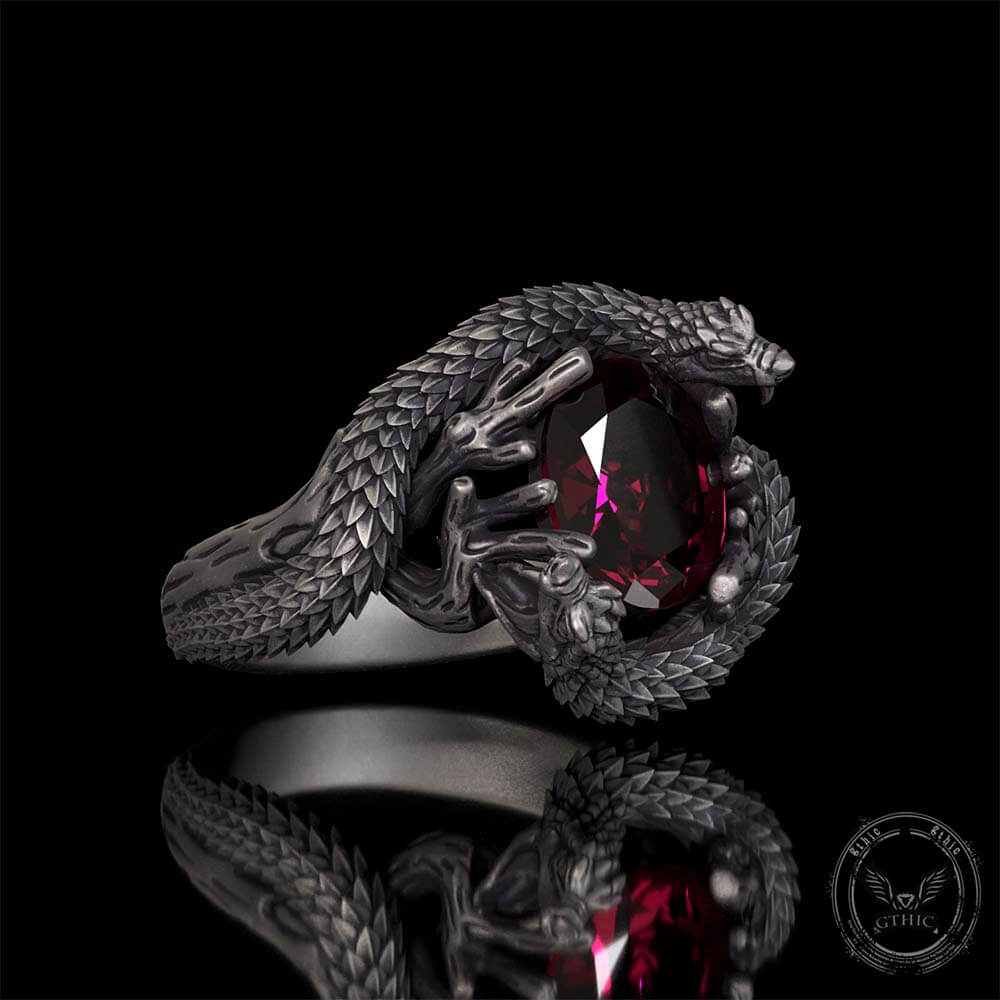 Vintage Two Dragons Playing With Gem Sterling Silver Ring | Gthic.com