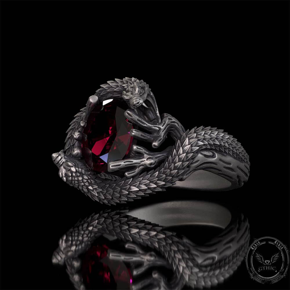 Vintage Two Dragons Playing With Gem Sterling Silver Ring