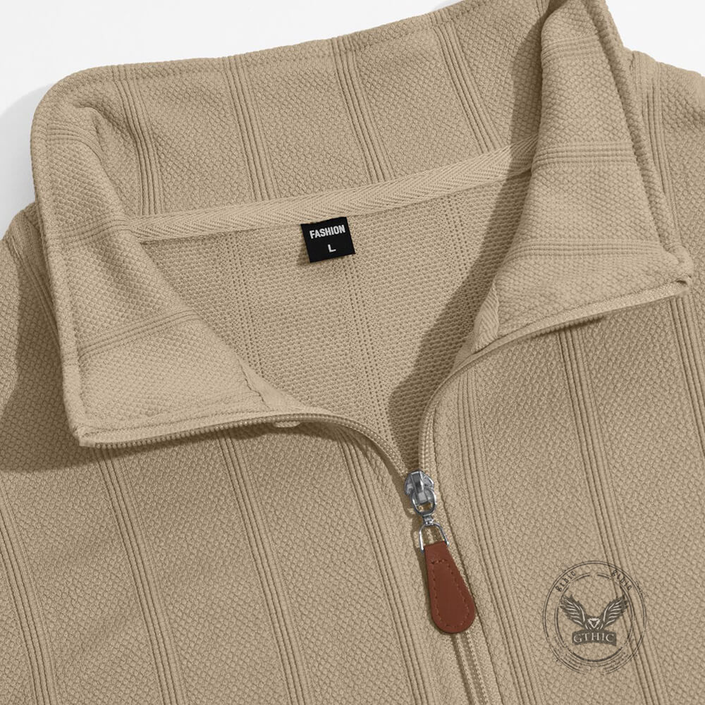 Vintage Vertical Striped Quarter-Zip Stand-Collar Top