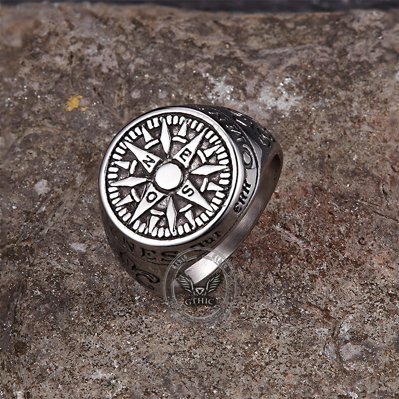 Vintage Viking Nordic Compass Stainless Steel Marine Ring | Gthic.com