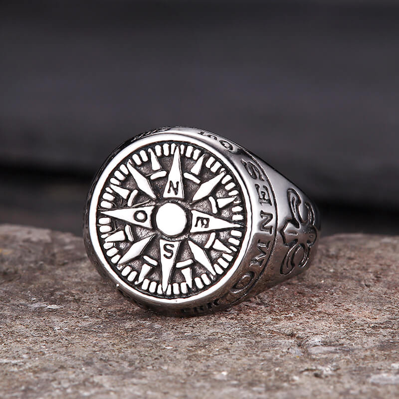 Vintage Viking Nordic Compass Stainless Steel Marine Ring | Gthic.com