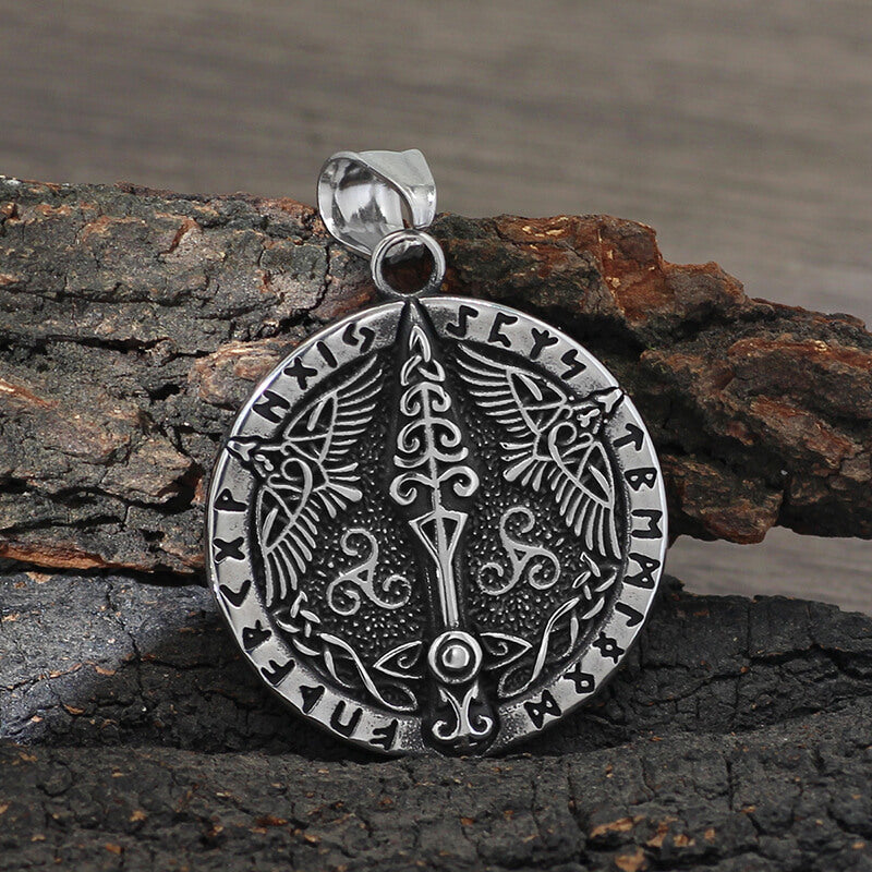 Vintage Viking Rune Odin Raven Stainless Steel Pendant | Gthic.com