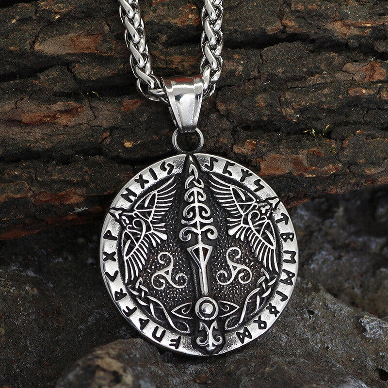 Vintage Viking Rune Odin Raven Stainless Steel Pendant | Gthic.com