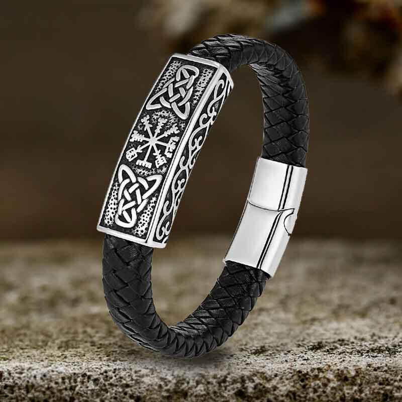 Vintage Viking Rune Stainless Steel Leather Bracelet 01 | Gthic.com