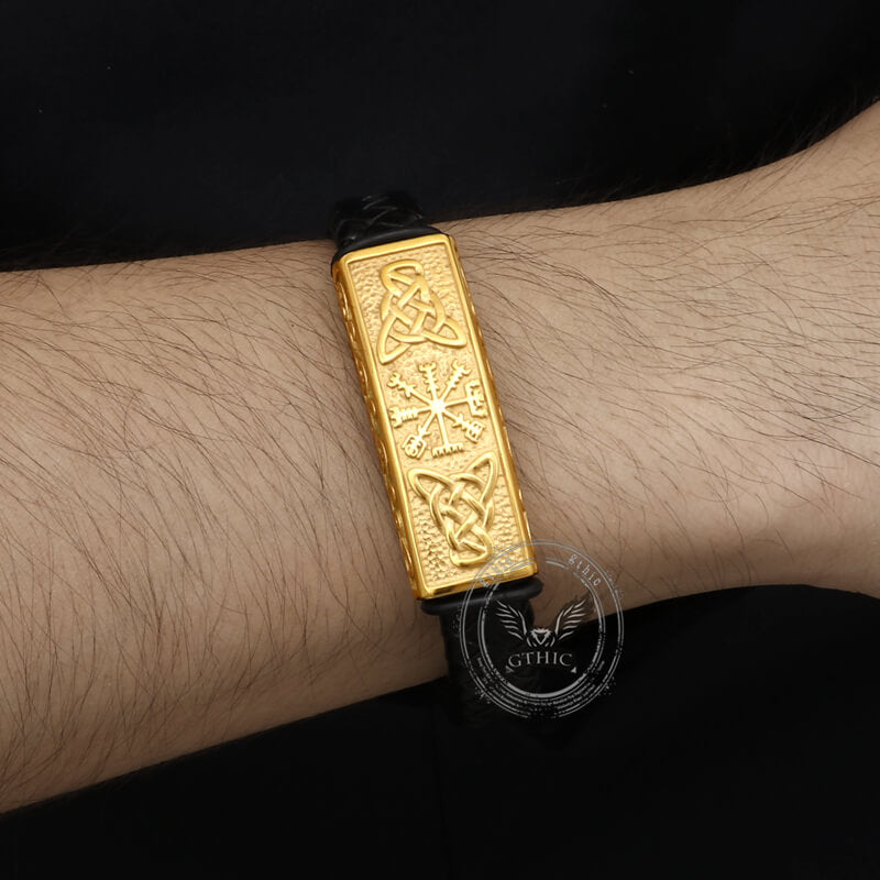Vintage Viking Rune Stainless Steel Leather Bracelet | Gthic.com