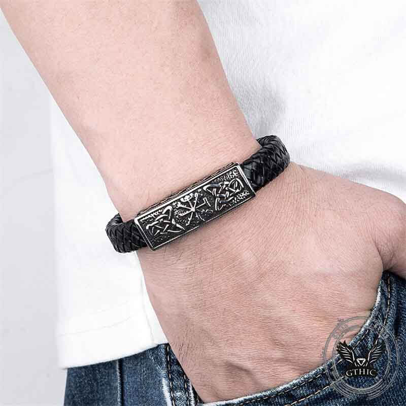 Vintage Viking Rune Stainless Steel Leather Bracelet 02 | Gthic.com